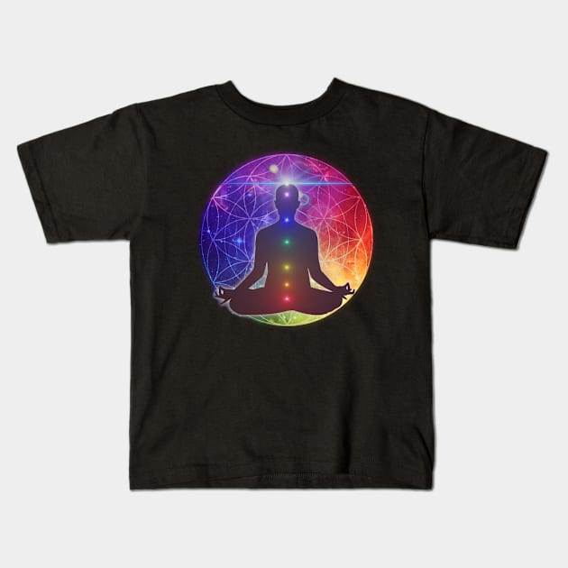 Colorful Cosmic Flower of Life Chakra Meditation Kids T-Shirt by Bluepress